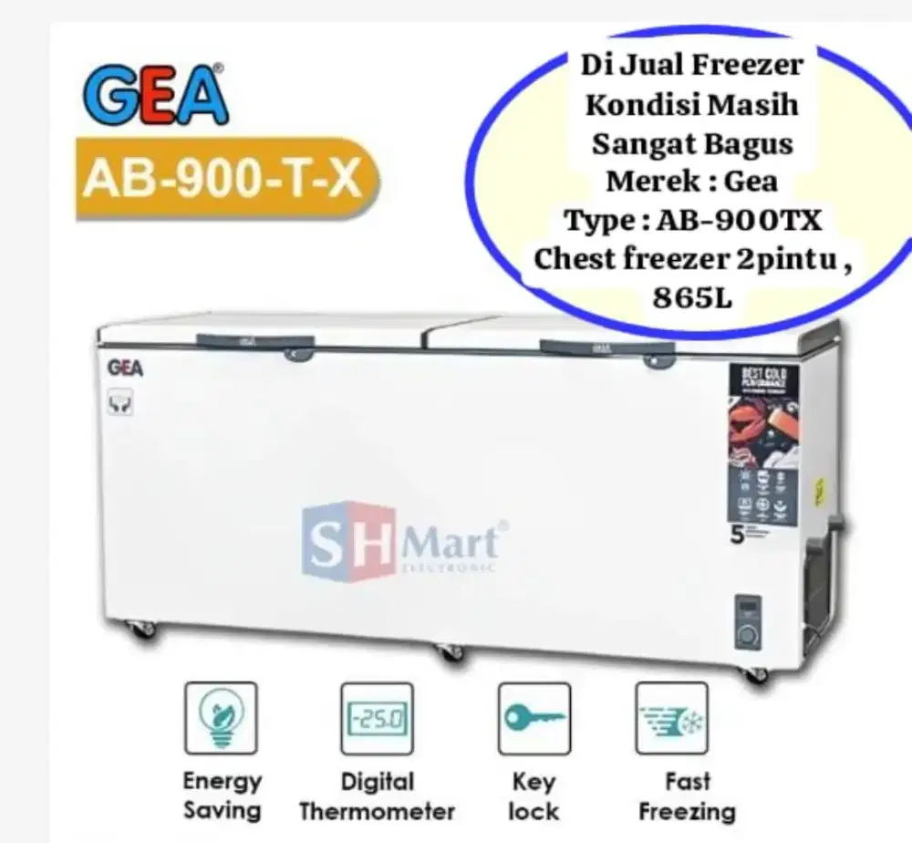 Freezer 2pintu Merek : Gea
Type : AB-900TX
Chest freezer 2pintu , 865L