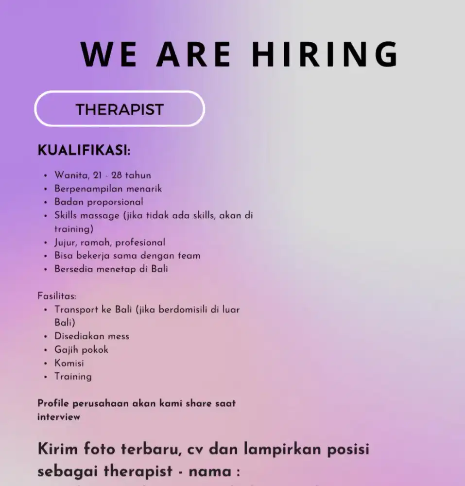 Dicari terapis wanita!!