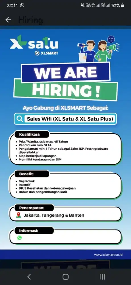LANGSUNG KERJA BUTUH CEPAT SALES WIFI XL TANGERANG