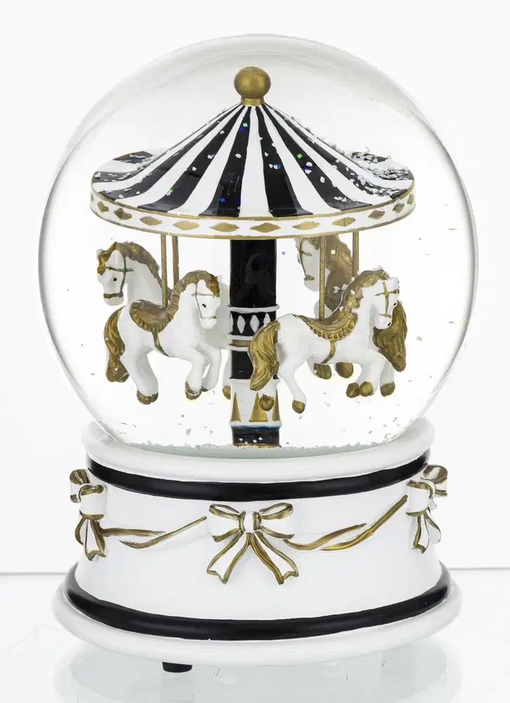 12CM MUSICAL GOLD AND WHITE MERRY-GO-ROUND SNOW GLOBE