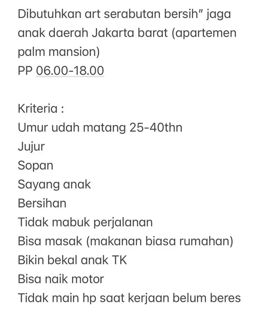 Dibutuhkan ART + Jaga anak Pulang Pergi