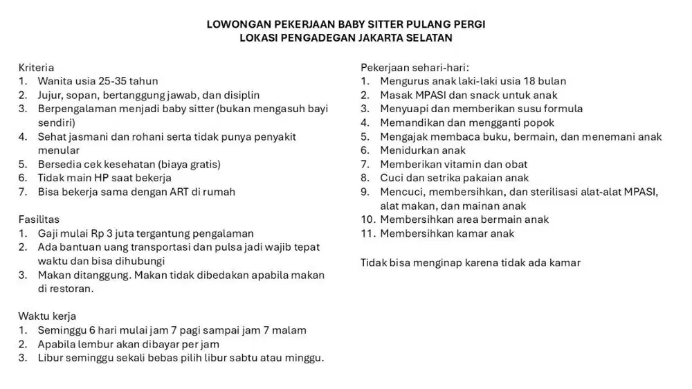 Lowongan Baby Sitter Pulang Pergi Jakarta Selatan