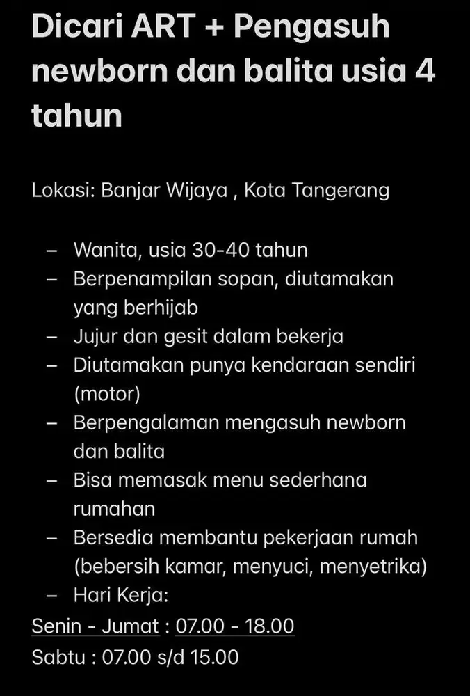 Dicari ART + Pengasuh newborn dan balita usia 4 tahun