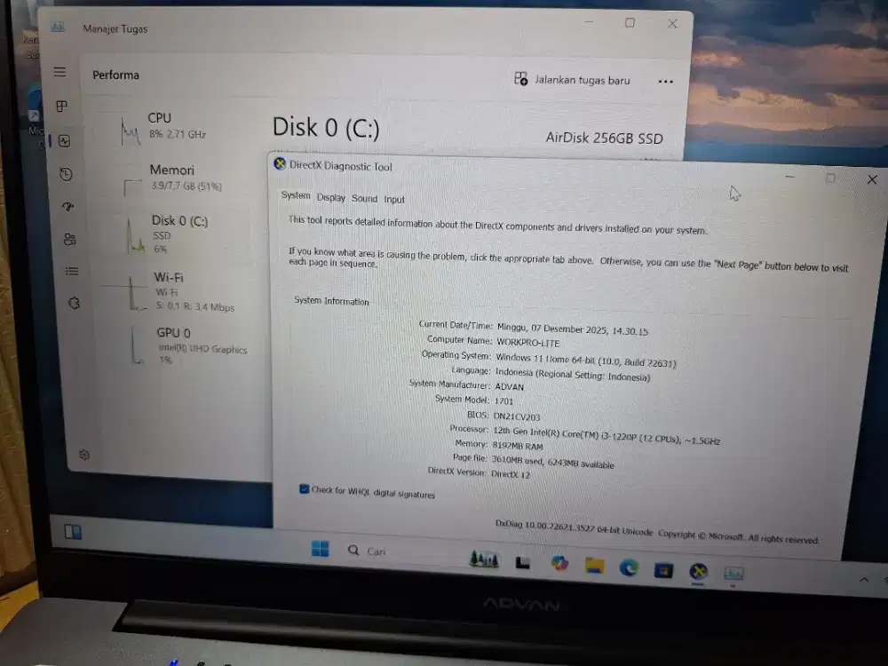 Laptop advan 1701 Intel Core 13-12