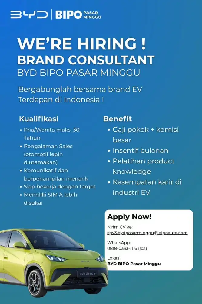 WE ARE HIRING SALES MOBIL BYD
