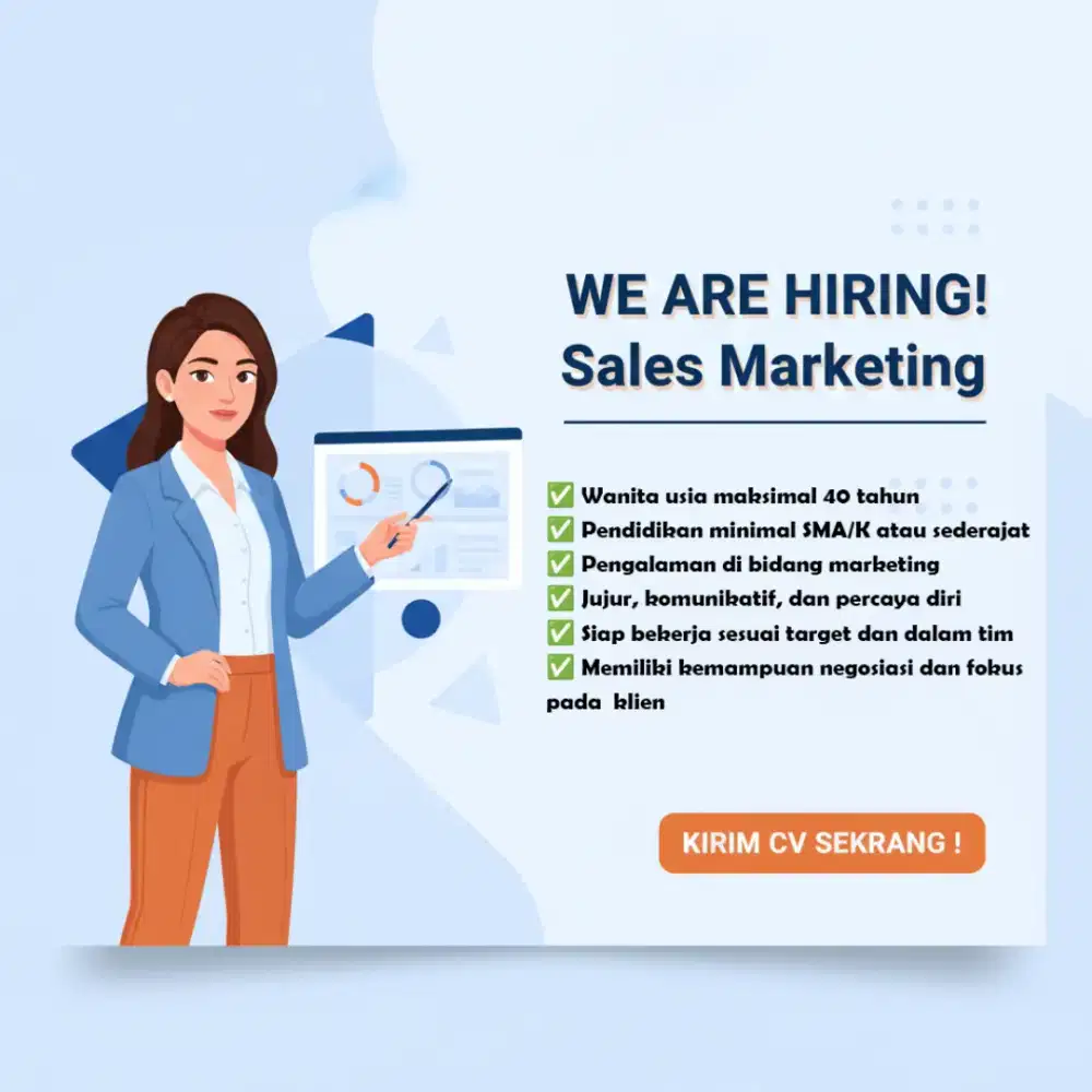 DICARI SELES MARKETING UNTUK DI LUAR NEGERI GAJI 8-10JT,BONUS,CUTI,THR