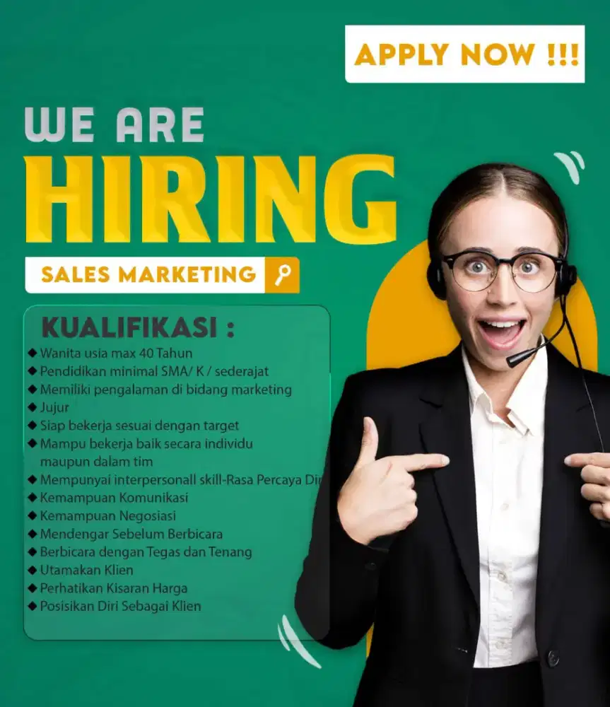 DICARI SELES MARKETING UNTUK DI LUAR NEGERI GAJI 8-10JT,BONUS,THR,CUTI
