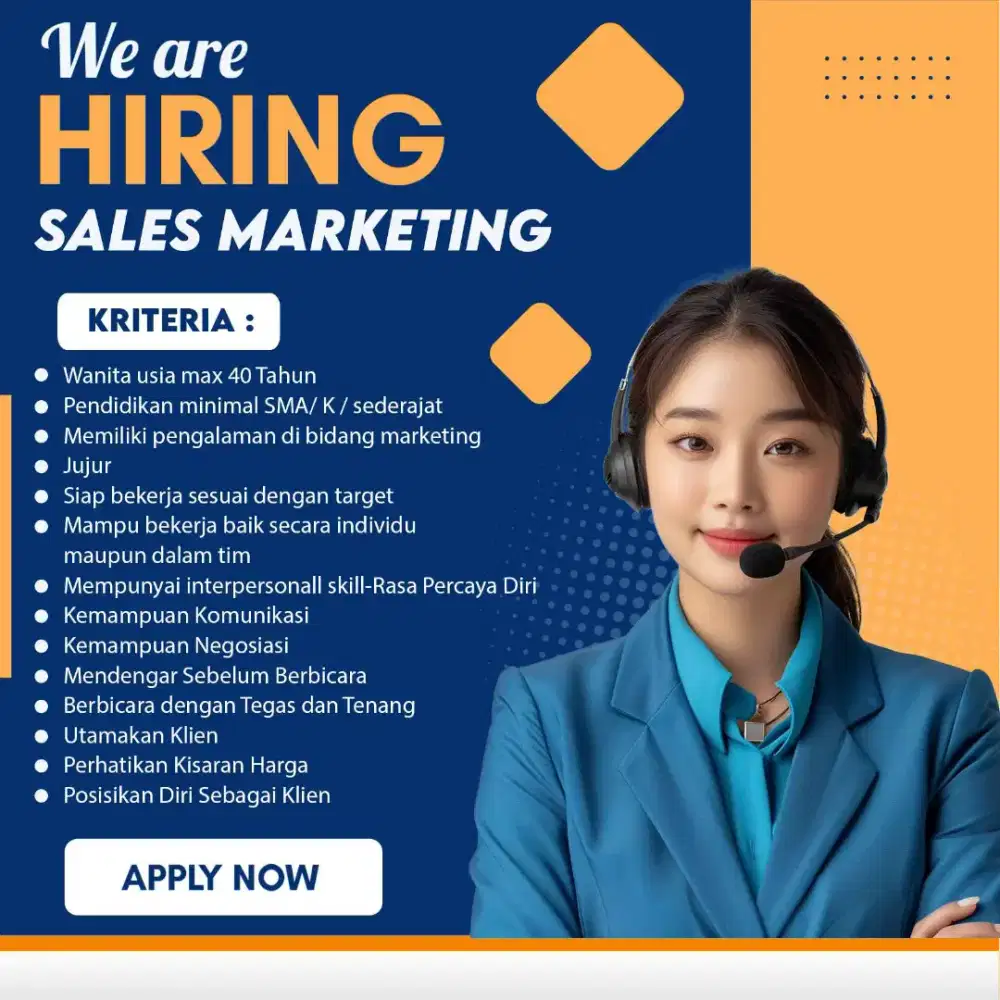 DICARI SELES MARKETING UNTUK DILUAR NEGRI GAJI8-10JT, BONUS, THR, CUTI