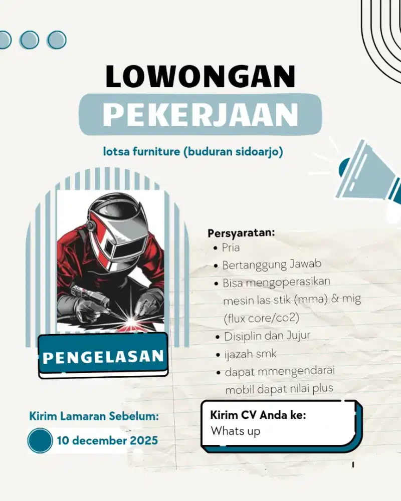 Di butuhkan segera tukang pengelasan