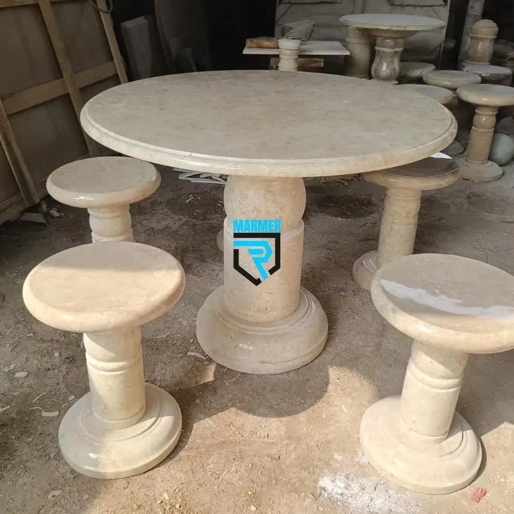 Satu set meja kaki jumbo + 5 kursi bundar batu marmer mengkilap