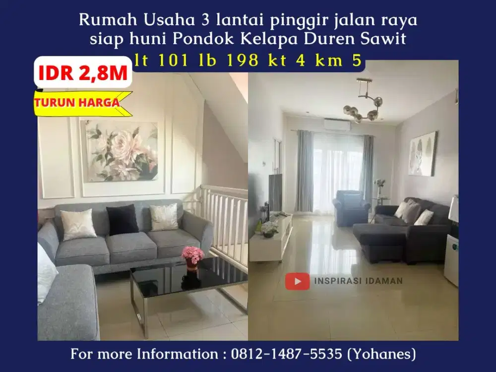 Rumah Usaha 3 lantai pinggir jalan raya siap huni Pondok Kelapa