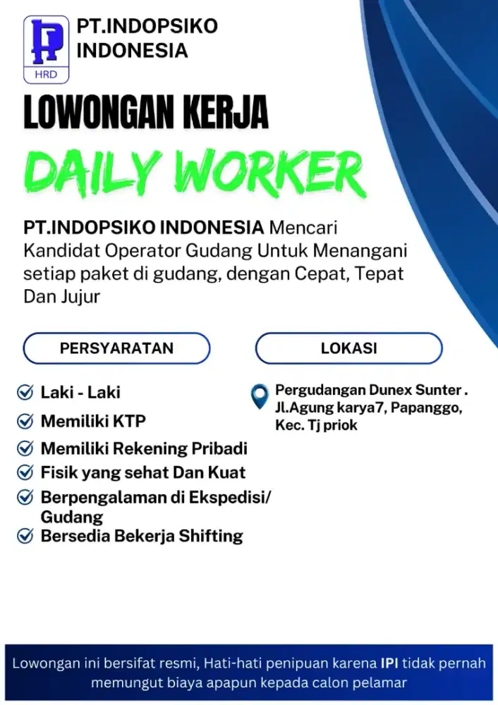 Lowongan Kerja Daily worker gudang sortasion