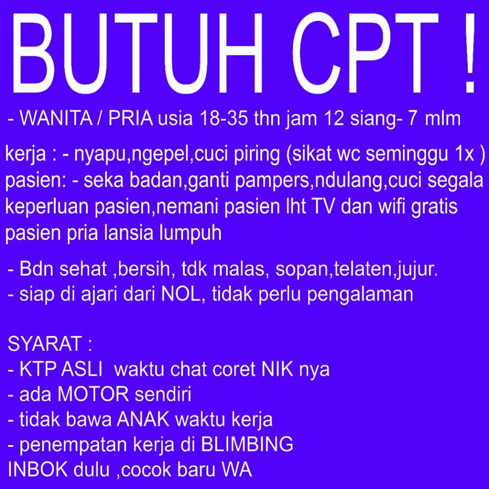 LOKER 7 jam kerja gaji 1 jt di BLIMBING