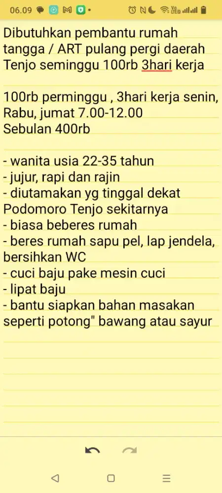 Dibutuhkan pembantu rumah tangga / ART pulang pergi daerah Tenjo