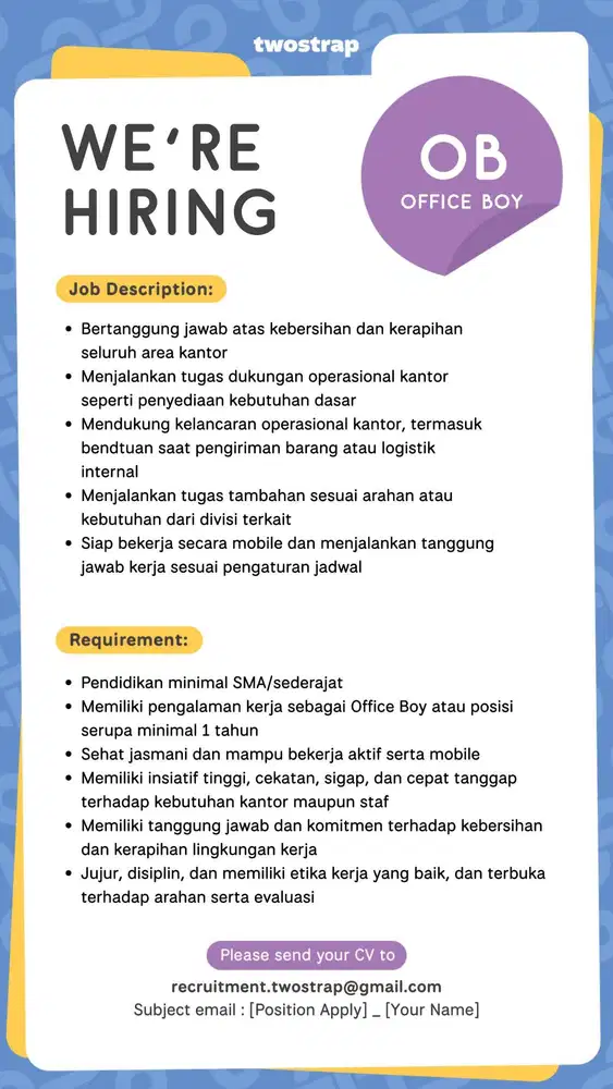 Dicari Office Boy untuk Penempatan Sukajadi