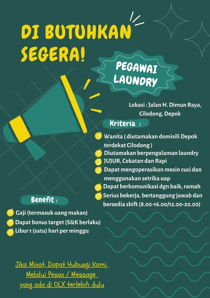PEGAWAI LAUNDRY (DIUTAMAKAN BERPENGALAMAN)