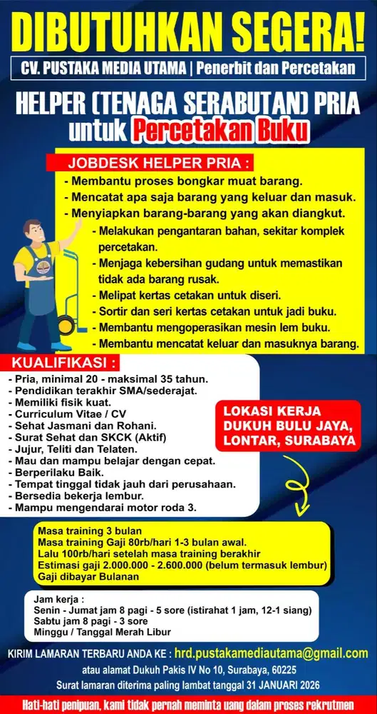 DIBUTUHKAN SEGERA!  Helper (Tenaga Serabutan) Pria di Percetakan Buku