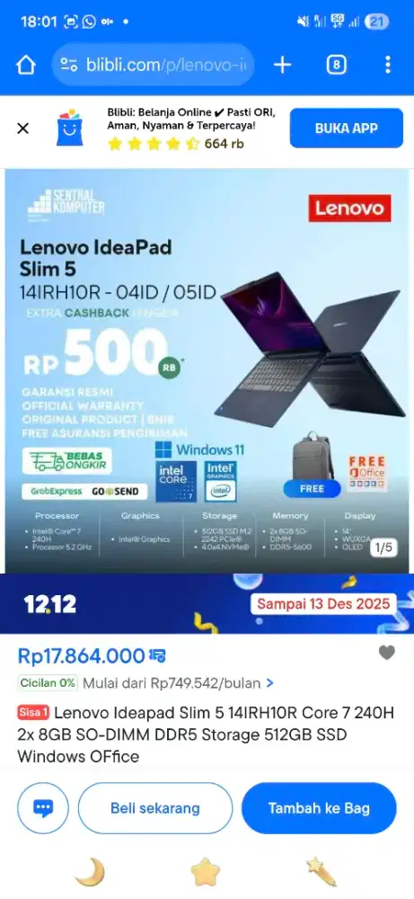 Laptop Baru Lenovo Idea Pad Slim 5 i7 14IRH10R