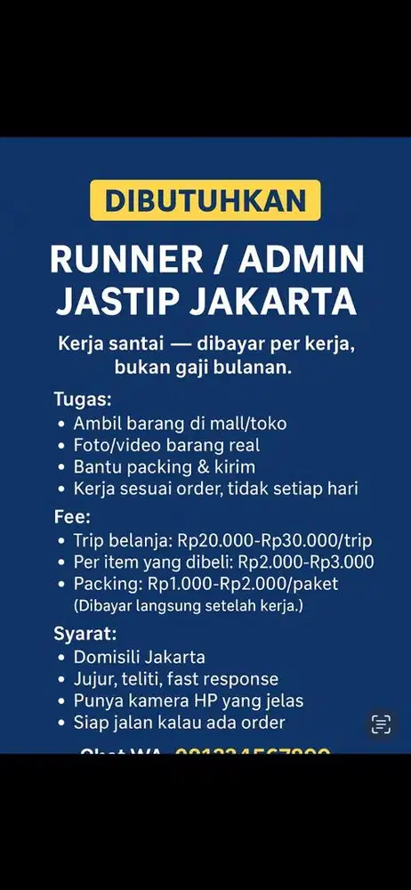 ADMIN RUNNER/ HARIAN UNTUK JASTIP