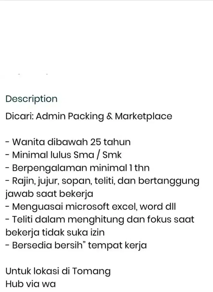Dicari: Admin Packing & Marketplace