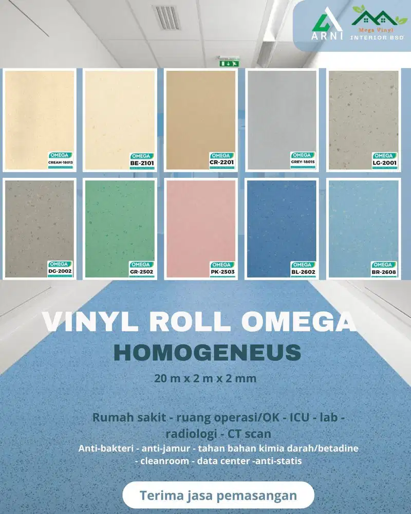 Vinyl Roll Omega Homogeneus 20 m x 2 m x 2 mm | bisa untuk rumah sakit