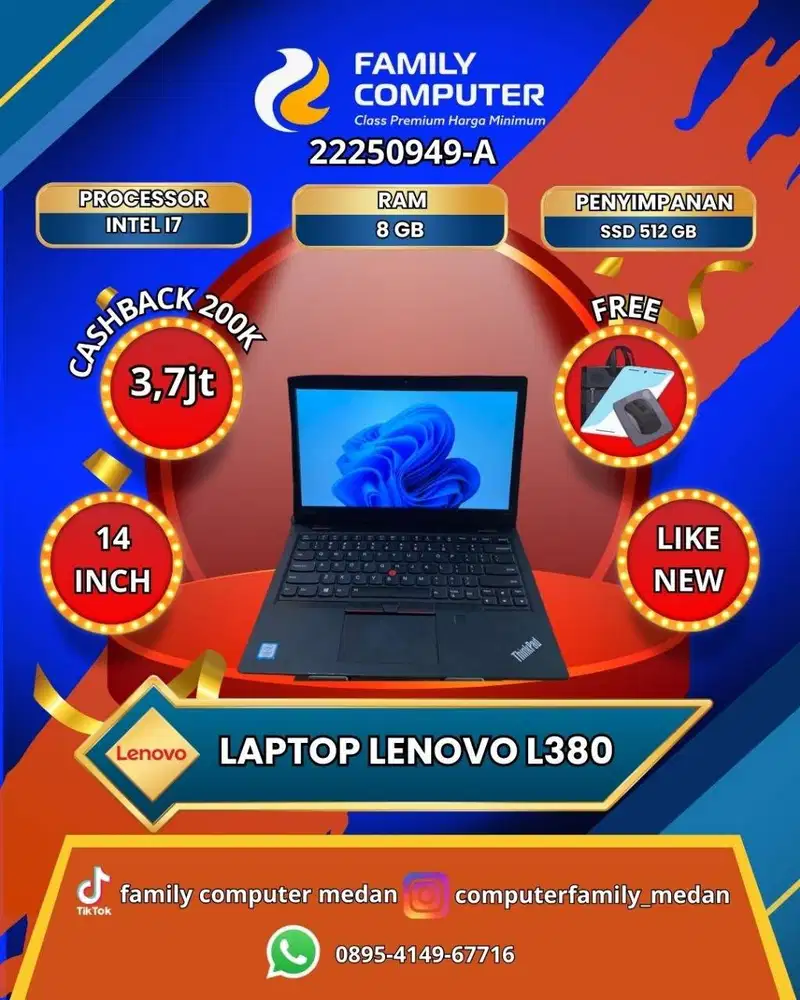 THINKPAD L380 COREI7 RAM 8GB SSD 512GB BACKLITE FINGER LIKE NEW-GARANS