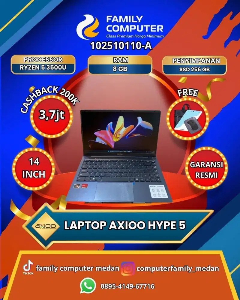 AXIOO HYPE 5 AMD X3 RYZEN 5 RAM 8GB SSD 256GB BACKLITE GARANSI RESMI