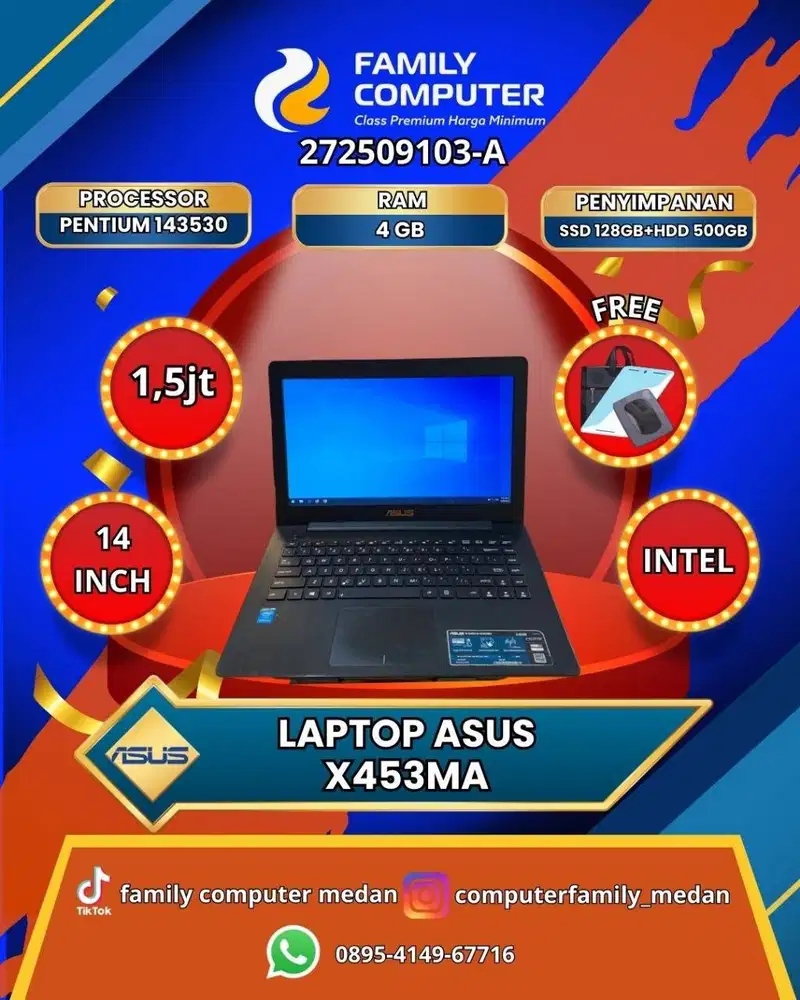 ASUS X453M 14INC HD CELERON RAM 4GB SSD 128GB+HDD 500GB MULUS-GARANSI