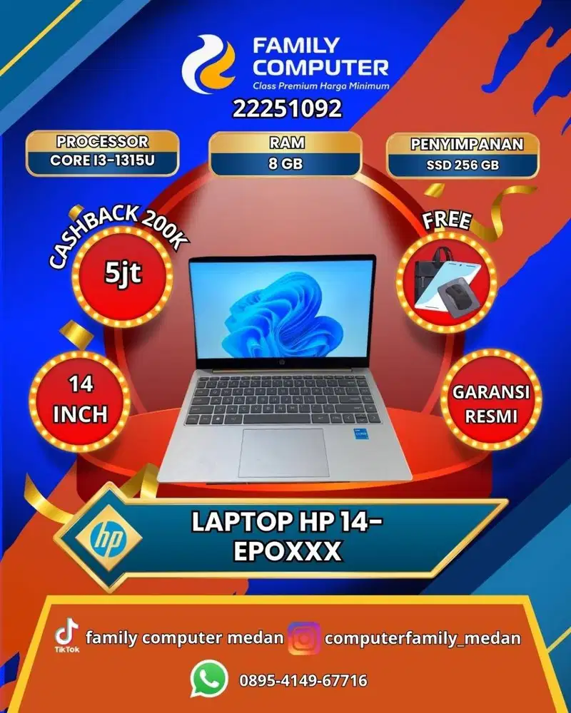 HP 14-EP0XXX COREI3 GEN 13 RAM 8GB SSD 256GB BACKLITE GARANSI RESMI-OK
