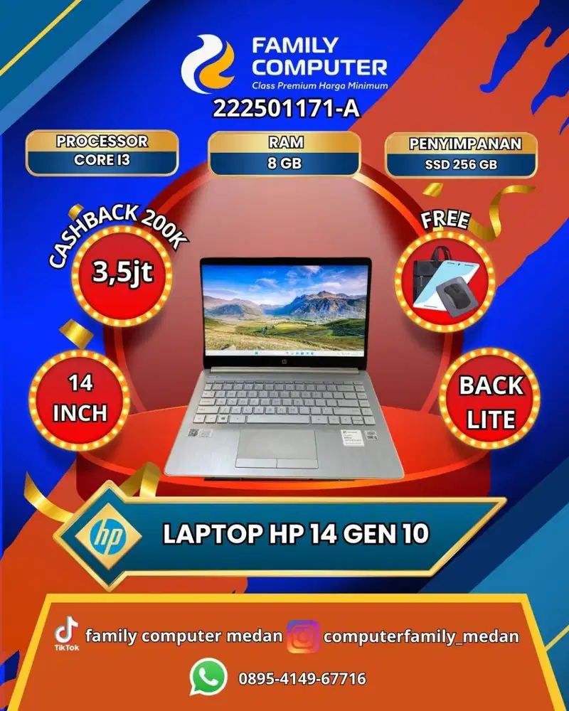 HP 14S COREI3 GEN 10 RAM 8GB SSD 256GB BACKLITE-MULUS-SIAP PAKAI-GRNSI