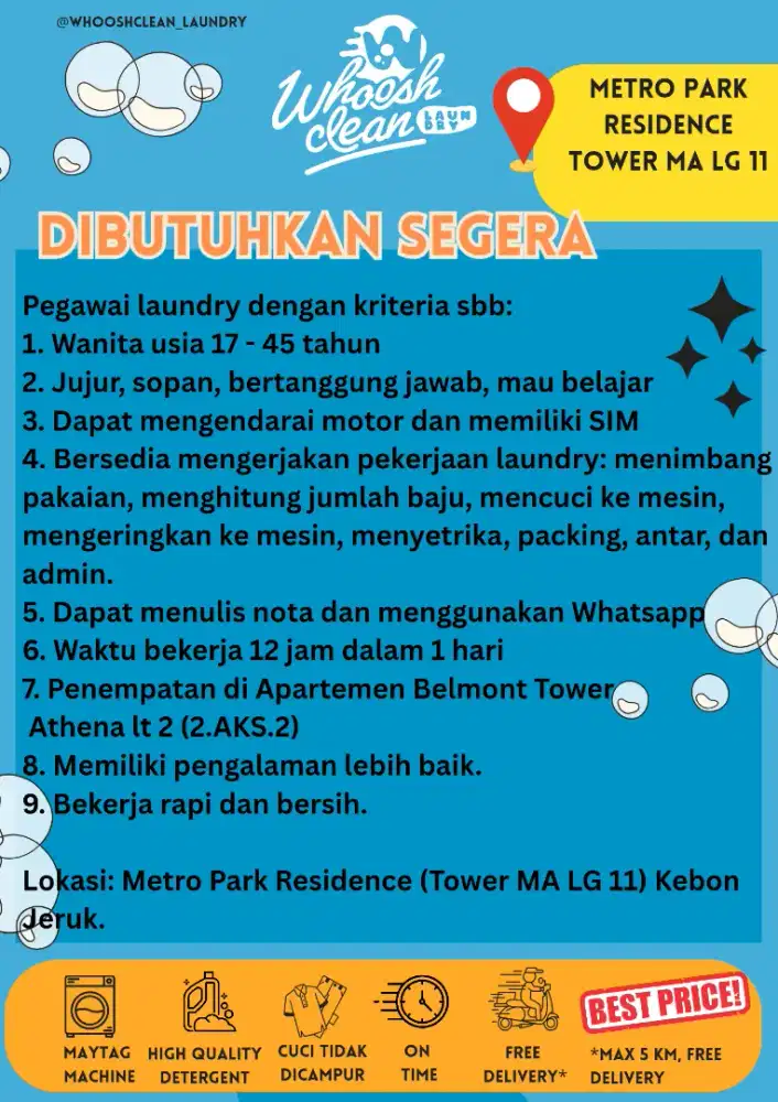 Dibutuhkan pegawai laundry