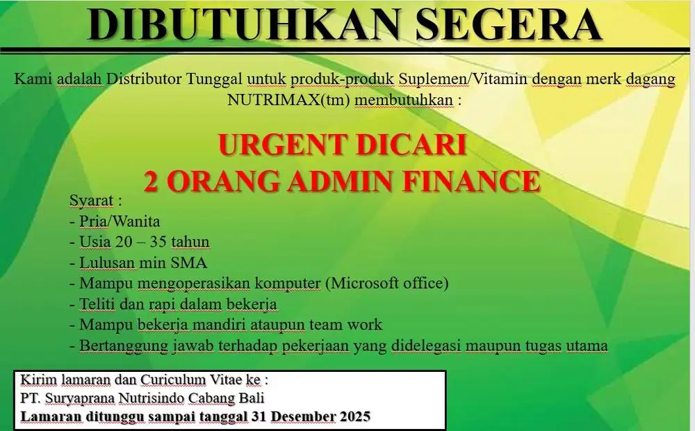 URGENT DICARI 2 ORANG ADMIN FINANCE