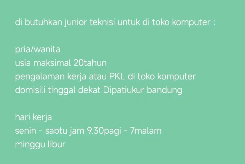 dibutuhkan teknisi untuk toko komputer bandung