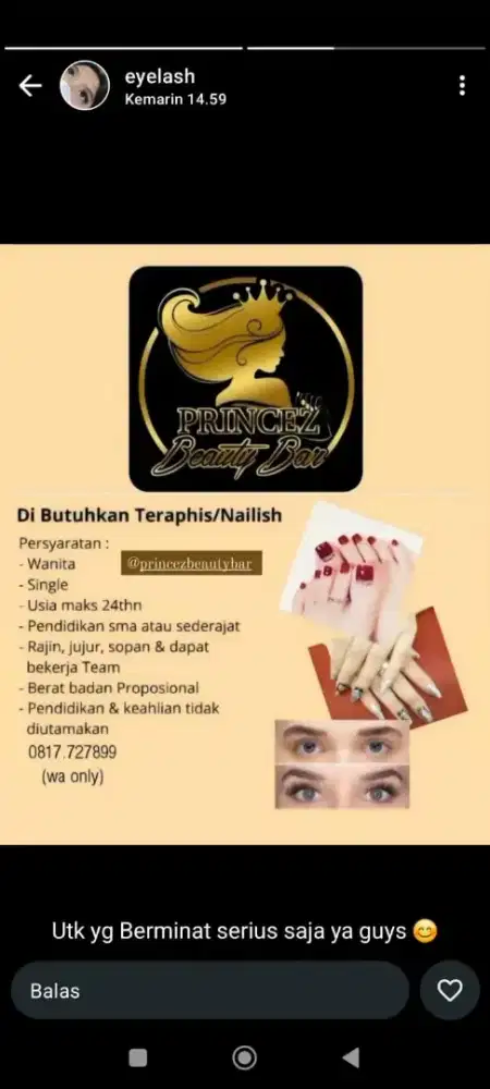 Lowongan staff salon nail & lash