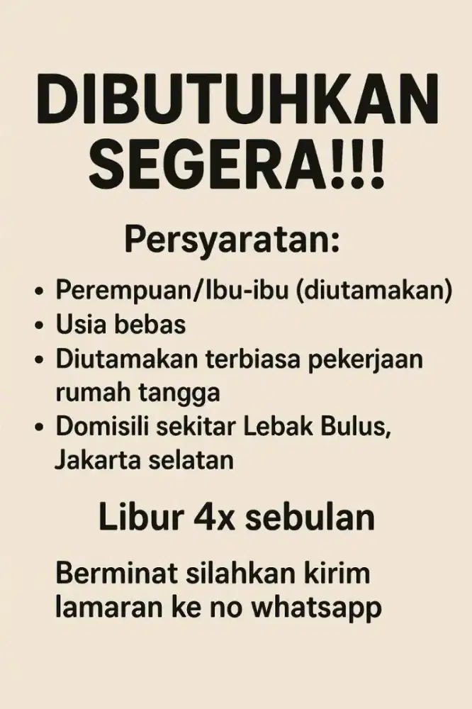 DIBUTUHKAN SEGERA KARYAWAN PEREMPUAN