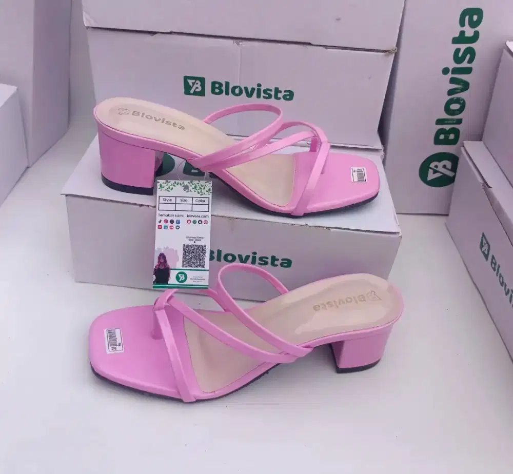 Blovista Pink Pastel Heels Tali Jaring | Sandal Wanita Korea Style