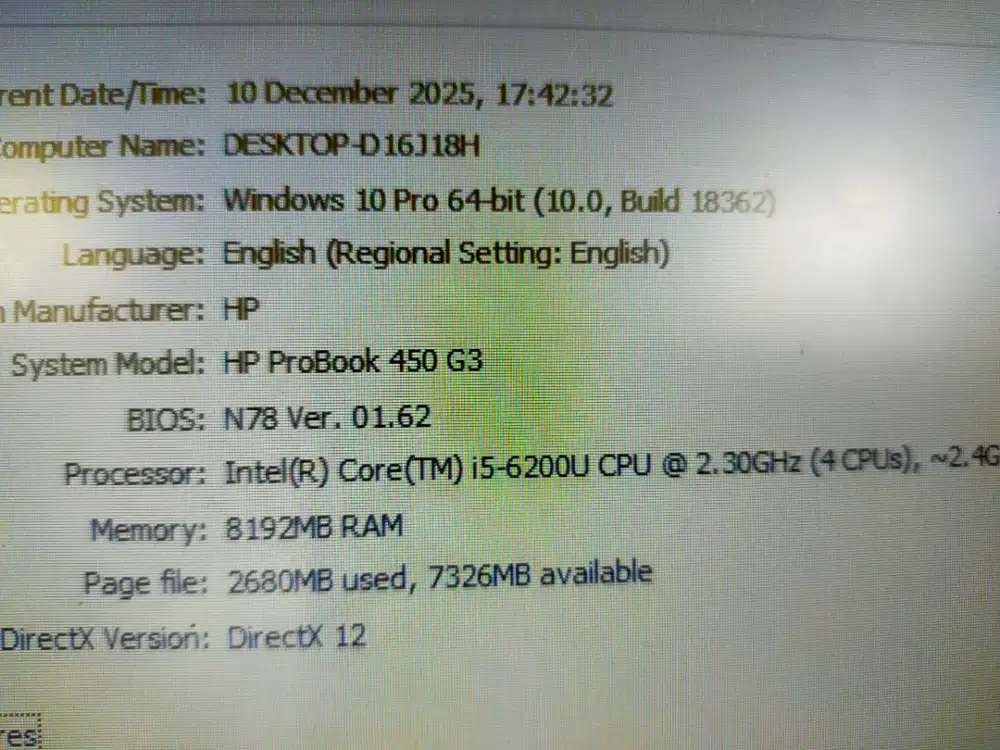 Dijual laptop Hp probook Intel I5-6200 Ram 8GB DDR4 SSD 128GB NO MINUS