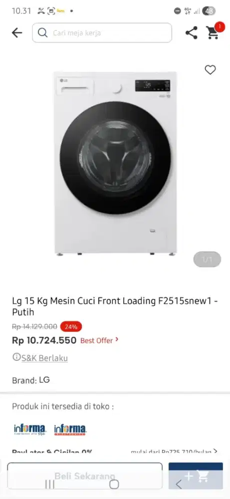 Ready stok mesin cuci LG kapasitas 15kg