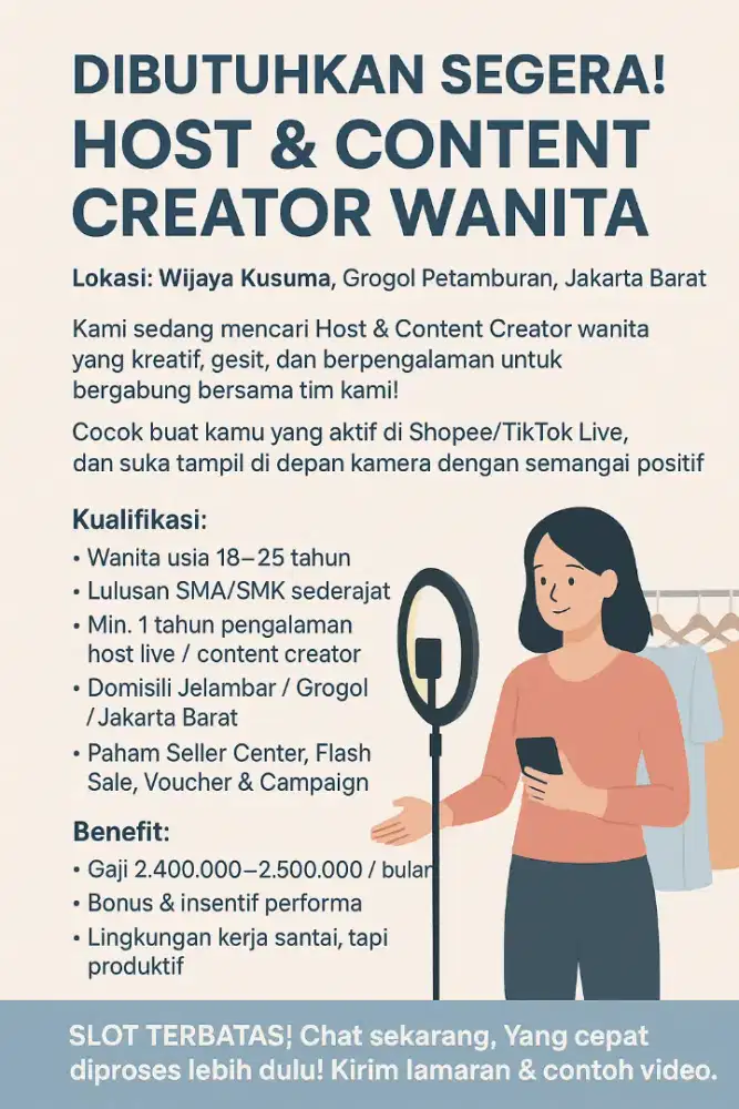 Dibutuhkan Host dan content creator wanita