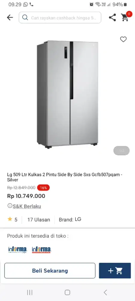 PROMO KREDIT LG 509 LTR KULKAS 2 PINTU SBS