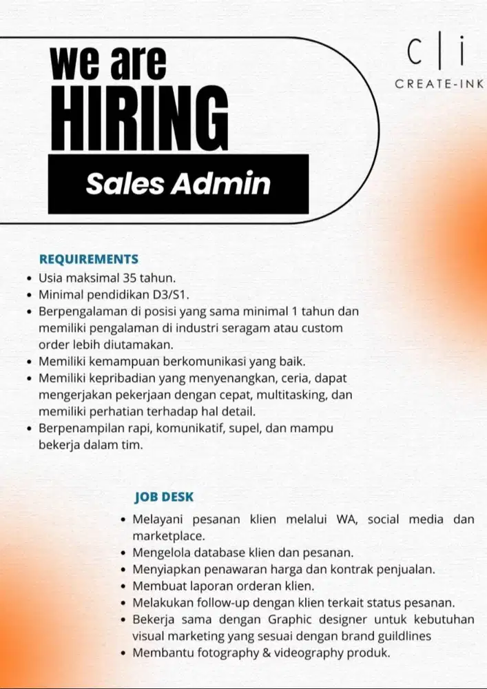 Lowongan kerja Sales Admin Konveksi