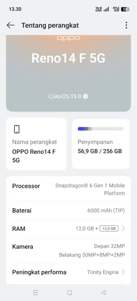Oppo Reno 14F 5G ram 12+12 Rom 256 lenkap