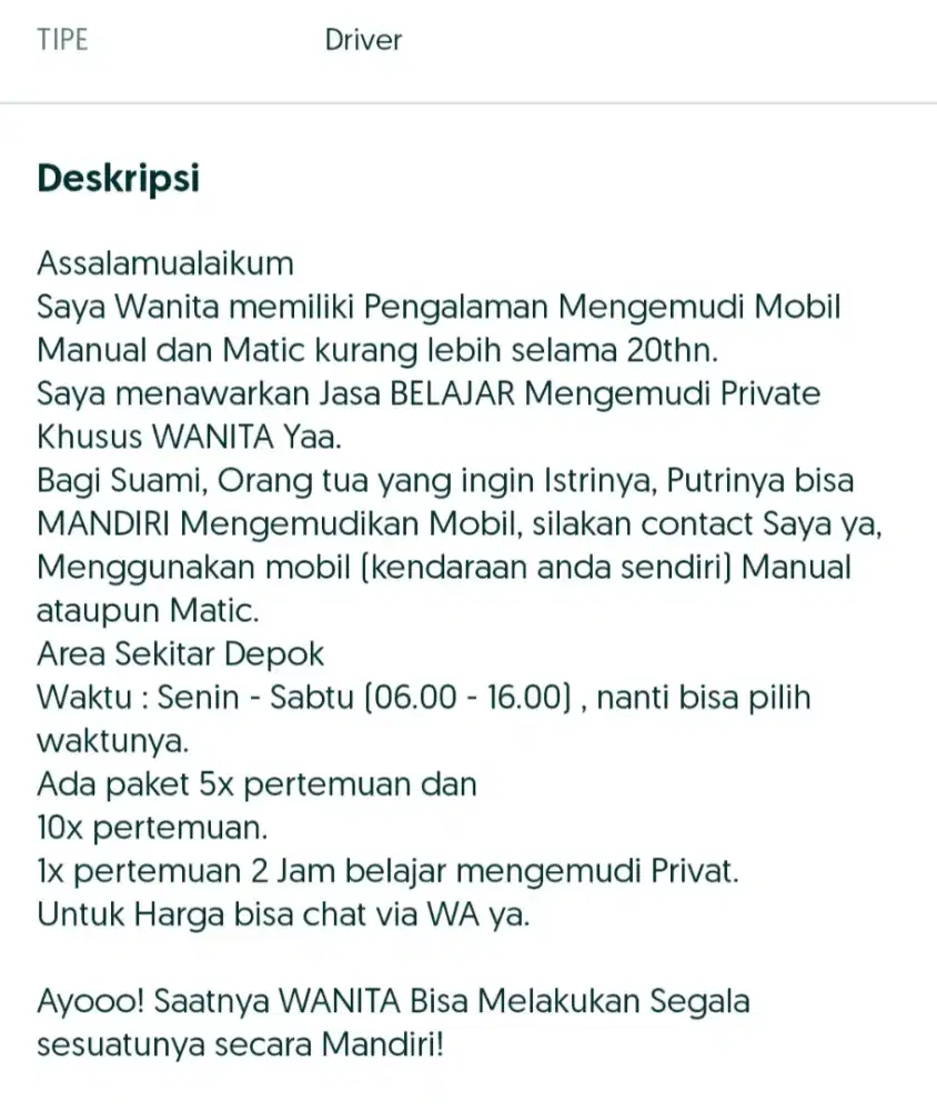 MENERIMA JASA BELAJAR MENGEMUDI MOBIL MANUAL/MATIC PRIVAT KHUSUSWANITA