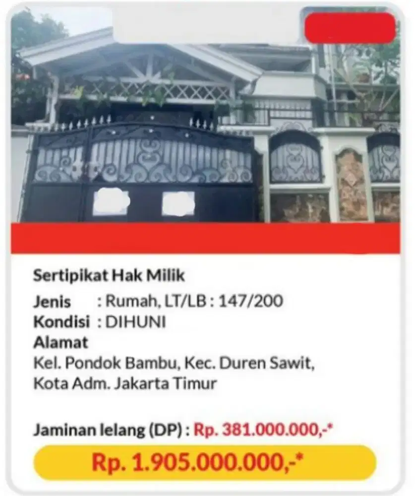 Rumah 2 Lantai Pondok Bambu Duren Sawit