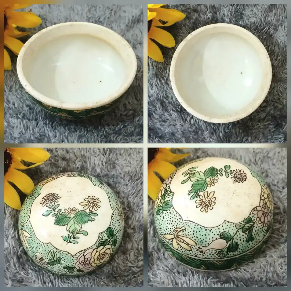 Keramik porselen mangkuk antik vintage handmade lukisan bunga, kolpri