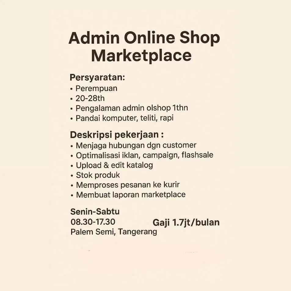 Lowongan Admin Online Shop Marketplace