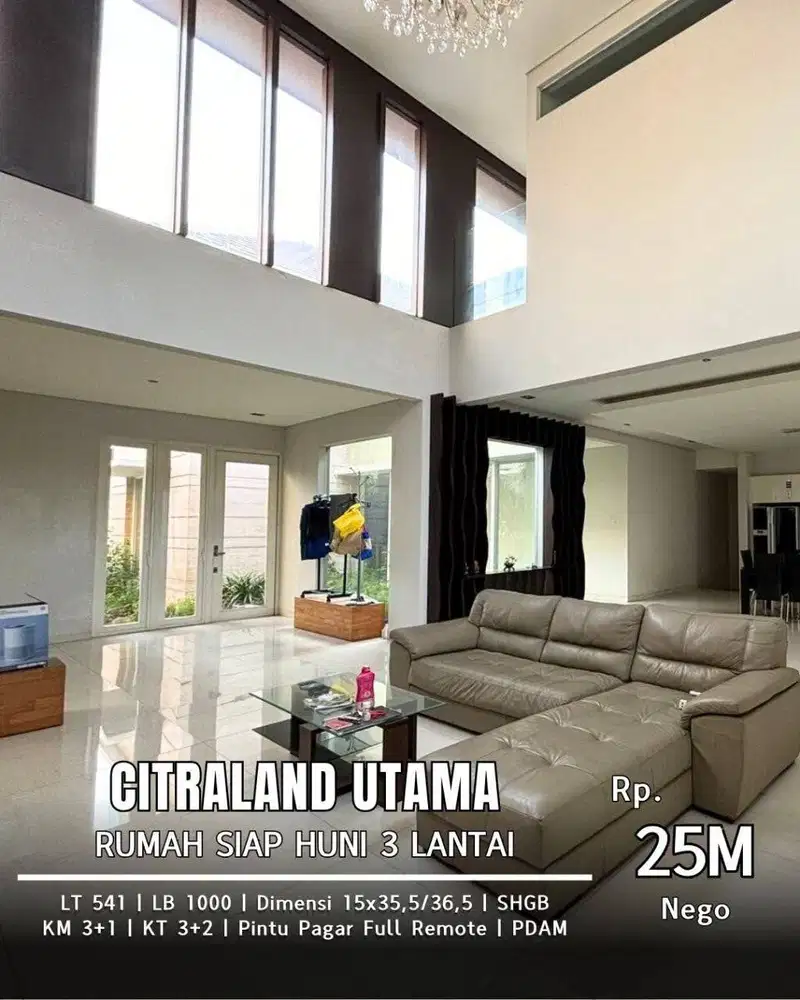 Dijual Rumah Mewah 3 Lantai Siap Huni Citraland Utama Surabaya Barat