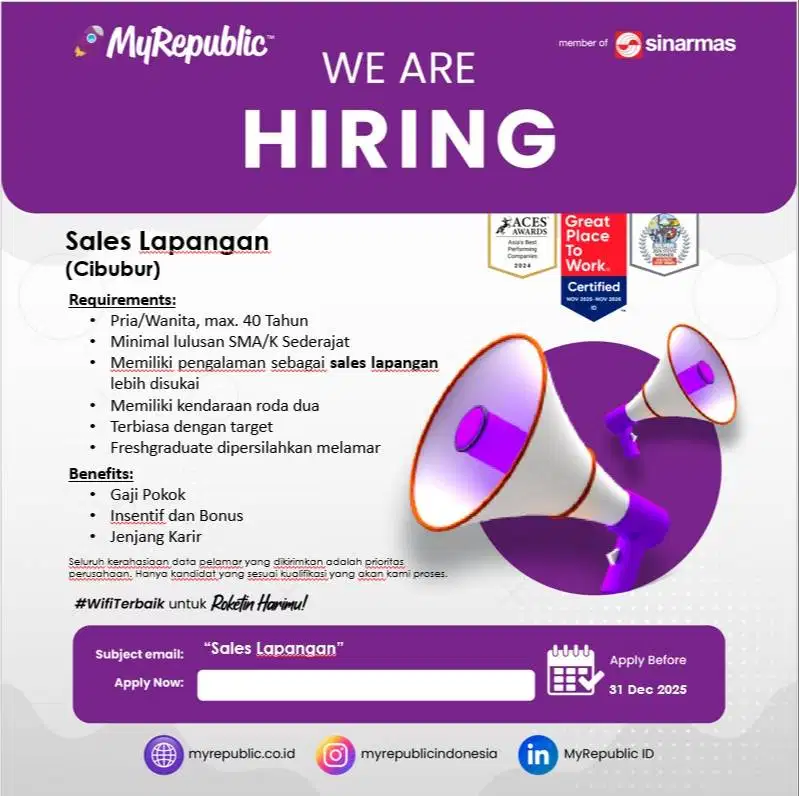 Dibutuhkan Segera Sales Lapangan Wifi Myrepublic Penempatan Cibubur