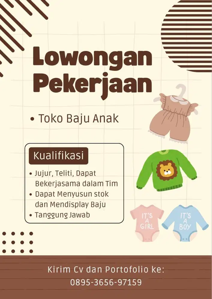 Dibutuhkan pekerja untuk toko baju anak