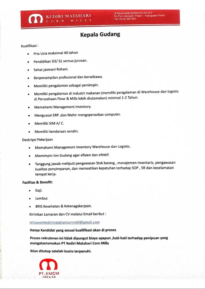 Lowongan Kepala Gudang